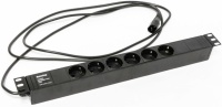 SHE19-6SH-2.5IEC для 19" шкафов, горизонтальный, 6 Schuko, кабель питания 2.5м (3х1.0мм2) с вилкой IEC320 C14 10A, 250В, 482.6x44.4x44.4мм (ШхГхВ), корпус алюминий, черный