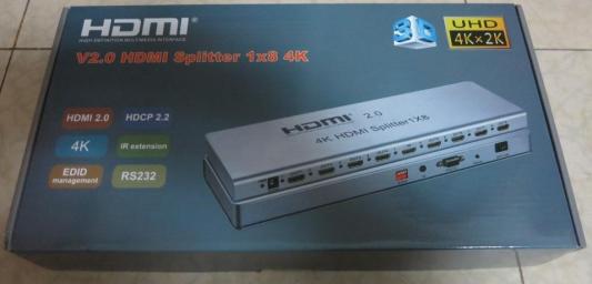 HDMI 4K Splitter HSP0108H-2.0, 1->8, HDMI 2.0/3D, UHDTV 4K/ 60Hz (3840x2160)/HDTV1080p, HDCP2.2, EDID управление, RS232 порт, IR вход, внешний БП 5В/3А, метал.корпус (30467)