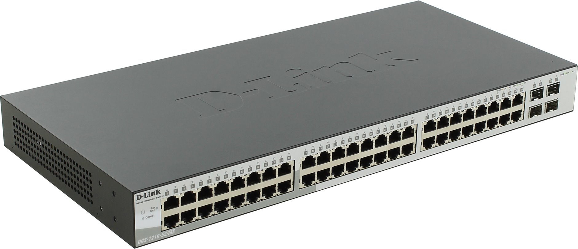 Коммутатор D-Link DGS-1210-52 управление уровень 2, 48 портов Ethernet 1  Гбит/с, 4 uplink/стек/SFP (до 1 Гбит/с), установка в стойку, 32 МБ  встроенная память, 128 МБ RAM, размеры 440 x 44 x 210