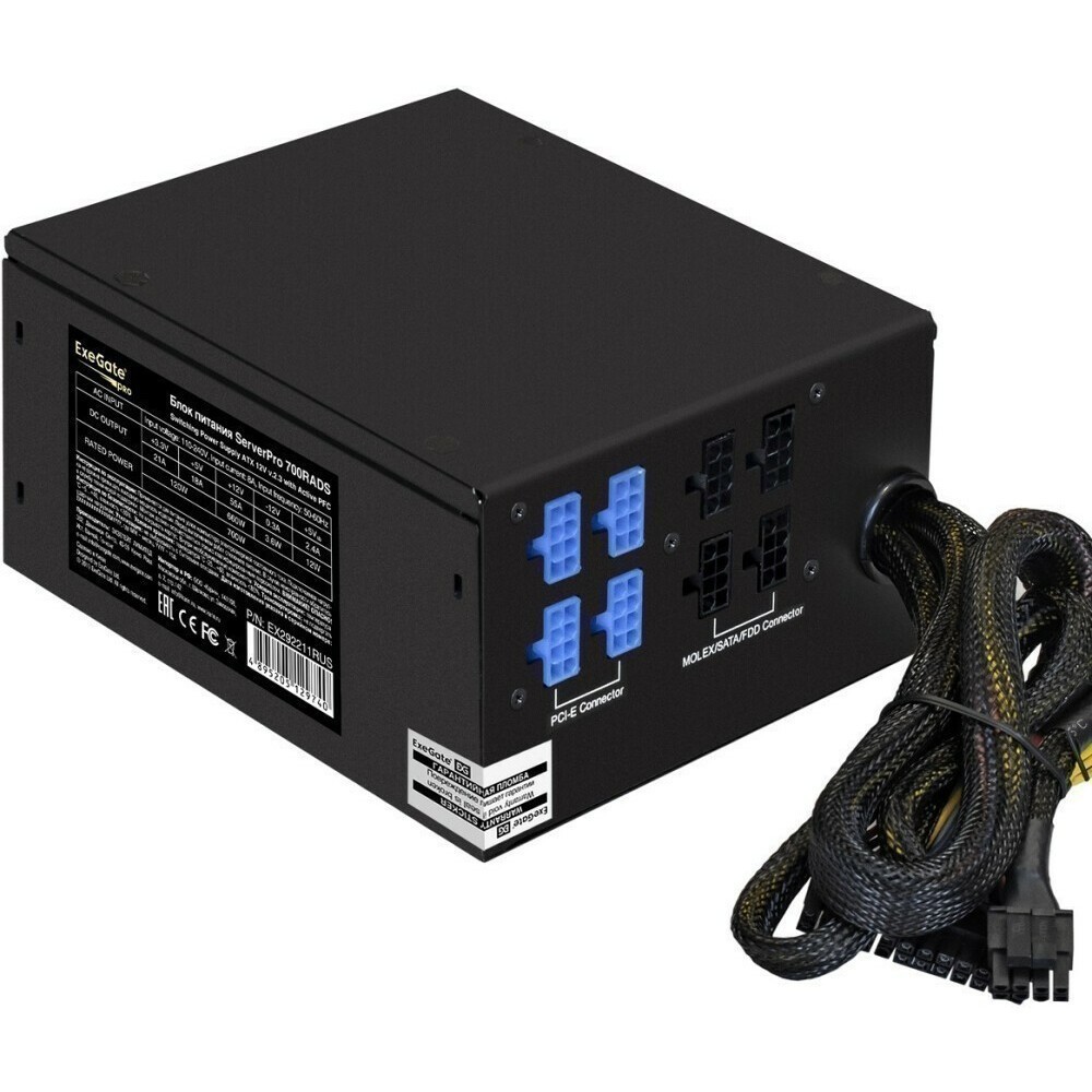 EX292211RUS Серверный БП 700W ServerPRO-700RADS (ATX, for 3U+ cases, APFC,  КПД 80% (80 PLUS), 14cm fan, 24pin, 2(4+4)pin, PCIe, 5xSATA, 4xIDE, FDD,  Cable Management, black) купить в Липецке - Регард