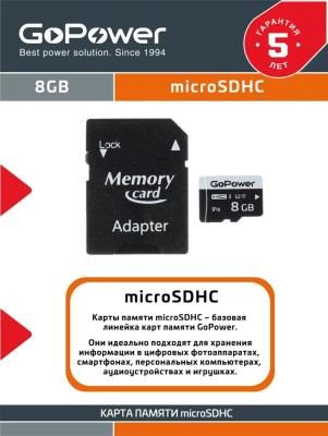 Карта памяти 8Gb MicroSD GoPower + SD адаптер (00-00025673) SDHC, 8 Гб, чтение: 15 Мб/с, запись: 10 <noindex>Мб/с</noindex>, V10, адаптер на SD