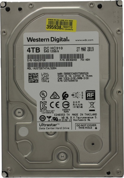 Жесткий диск Original SAS 3.0 4Tb 0B36048 HUS726T4TAL5204 Ultrastar DC HC310 (7200rpm) 256Mb