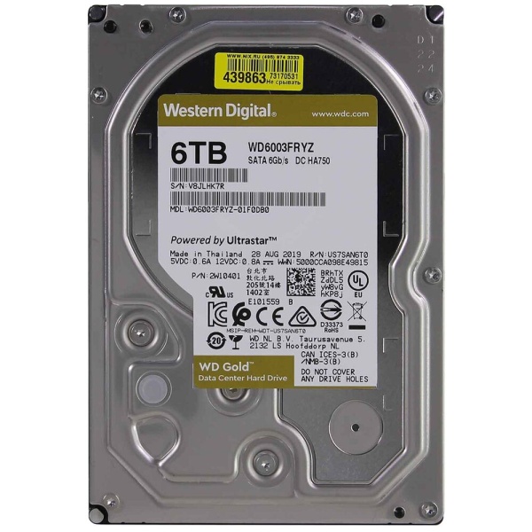 Жесткий диск Original SATA-III 6Tb WD6003FRYZ Gold (7200rpm) 256Mb