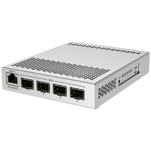 CRS305-1G-4S+IN  Cloud Router Switch 305-1G-4S+IN with 800MHz CPU, 512MB RAM, 1xGigabit LAN, 4xSFP+ cages, RouterOS L5 or SwitchOS (dual boot), metallic desktop case, PSU (002136) {20}