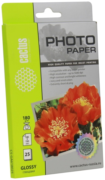Фотобумага Cactus CS-GA618025 10x15/180г/м2/25л./белый глянцевое для струйной печати