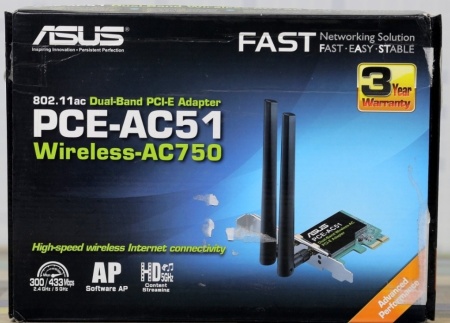Сетевой адаптер WiFi Asus PCE-AC51 AC750 PCI Express (ант.внеш.съем) 2ант.