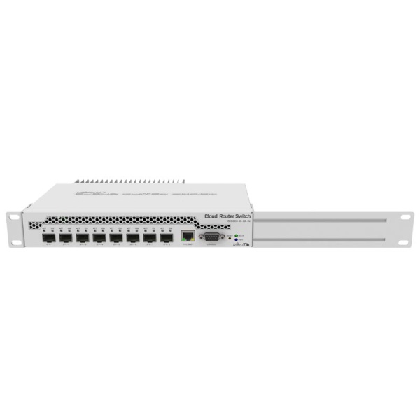 CRS309-1G-8S+IN Cloud Router Switch 309-1G-8S+IN with Dual core 800MHz CPU, 512MB RAM, 1xGigabit LAN, 8 x SFP+ cages, RouterOS L5 or SwitchOS (dual boot), passive desktop case, rackmount ears, PSU