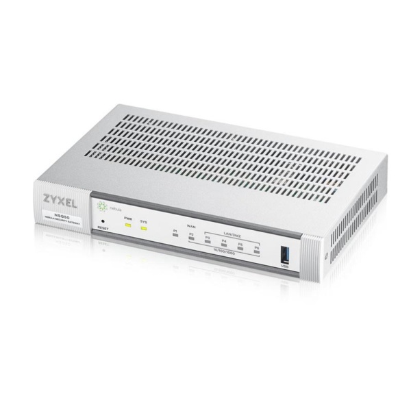 Межсетевой экран Zyxel NSG50 Nebula 4 порта Ethernet 1 Гбит/с, 1 uplink/стек/SFP (до 1 Гбит/с), USB-порт, 2048 МБ RAM, Firewall, DHCP-сервер, размеры 216 x 33 x 143 вес 1.04 кг