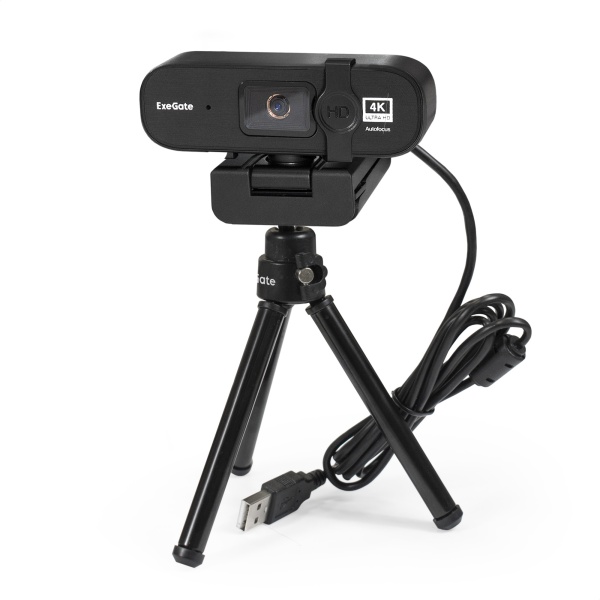EX287383RUS Веб-камера ExeGateStream HD 4000 4K UHD T-Tripod (матрица 1/3" 8 Мп, 3840x2160, 32fps, 4-линзовый объектив (стекло), автофокус, шторка, USB, микрофон с шумоподавлением, поворотное