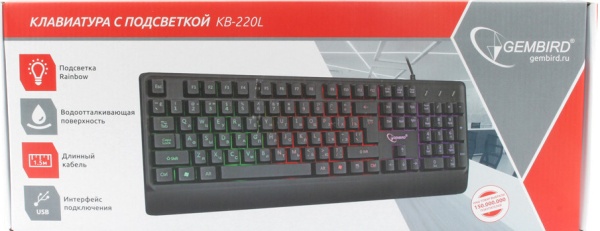 KB-220L {с подстветкой, USB, черный, 104 подсветка Rainbow, кабель 1.5м, водоотталкивающая поверхность}