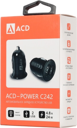 Автомобильное зарядное устройство ACD "ACD-C242-X1B"  24Вт, 2xUSB, 5В, 4.8А ,чёрный