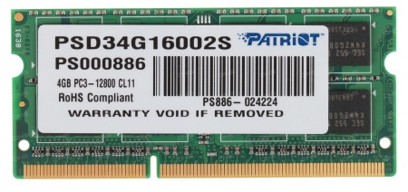 Память DDR3 4Gb 1600MHz Patriot PSD34G16002S RTL PC3-12800 CL11 SO-DIMM 204-pin 1.5В