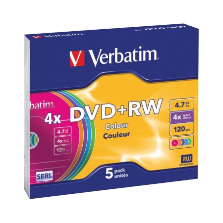 Диск DVD+RW Verbatim 4.7Gb 4x Slim case (5шт) Color (43297)