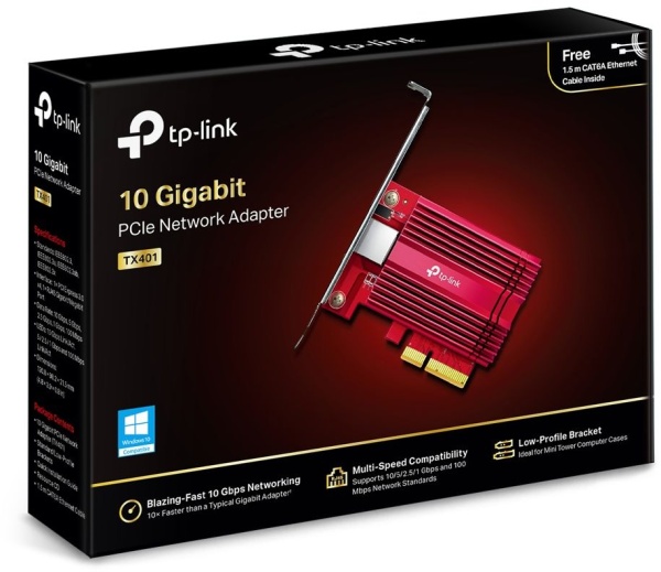 Сетевой адаптер TX401 10-гигабитный PCI Express, 1 интерфейс PCI Express 3.0 X4, 1 порт Ethernet 100/1000/10000 Мбит/с, низко- и высокопрофильная планки идут в комплекте, поддержка ОС Windows и Linux. (072827) {40}