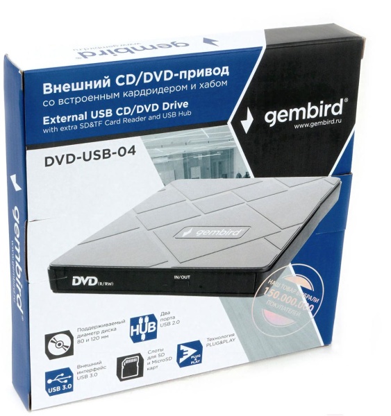 Внешний DVD-привод DVD-USB-04 USB 3.0 со встроенным и хабом пластик, черный (271668)