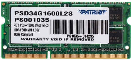 Оперативная память Patriot Memory for Ultrabook 4GB DDR3 SO-DIMM PC3-12800 (PSD34G1600L2S)