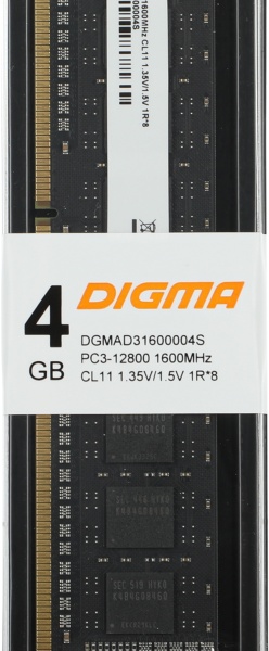 Оперативная память Digma DDR3L 4Gb 1600MHz DGMAD31600004S RTL PC3-12800 CL11 DIMM 240-pin 1.35В Низкопрофильная single rank