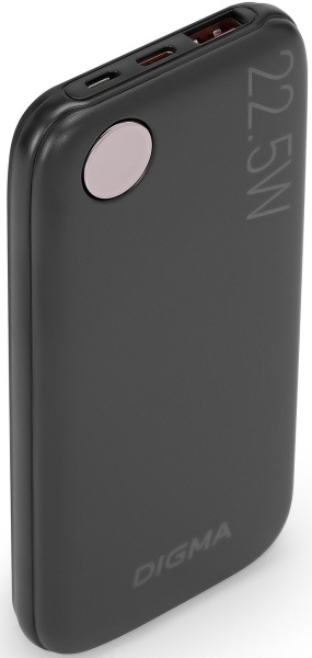 Внешний аккумулятор Digma DGPF10B22PBK ёмкостью 10000 мАч, выход: USB, USB Type-C, вход: microUSB, USB Type-C, максимальный ток: 3 А, быстрая зарядка, индикатор заряда