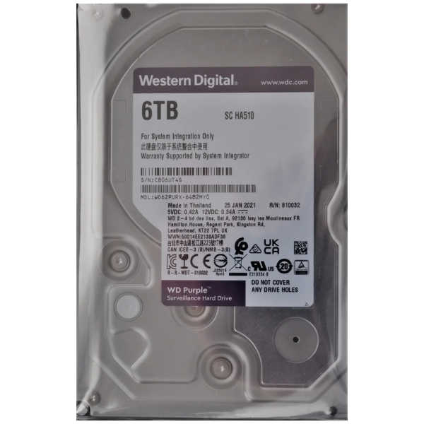Жесткий диск SATA III 6 Тб Western Digital Purple WD62PURX 5400 об/мин 128 Мб