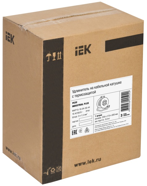 Iek WKP15-16-04-30-44 Катушка УК30 с т/з 4 места 2 Р + P Е /30метров 3х1,5мм2 IP44 "Industrial plus"