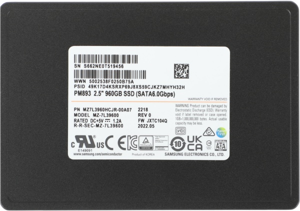 SSD 960Gb Samsung PM893 (MZ7L3960HCJR) OEM внутренний 2.5", 960 Гб, SATA-III, чтение: 520 МБ/сек, запись: 500 <noindex>МБ/сек</noindex>, TLC