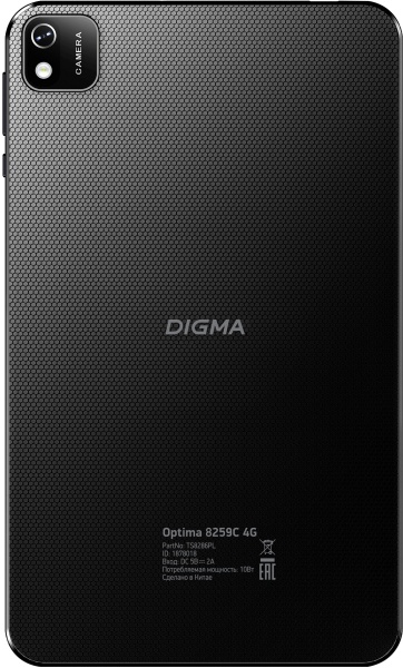 Планшет digma Optima 8259C 4G Black 8" (1280x800), мультитач, Unisoc Tiger T310, 1800 МГц, 2 Гб, 32 Гб, Wi-Fi, Bluetooth, 3G, LTE, GPS, 2.0 млн пикс., Android