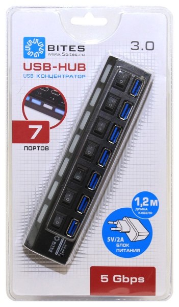USB Концентратор 5BITES HB37-303PBK 7*USB3.0 / БП 5В-2А / 1.2M / BLACK
