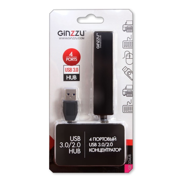 USB-хаб Ginzzu GR-334UB 1xUSB 3.0 + 3xUSB 2.0