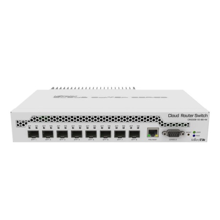 CRS309-1G-8S+IN Cloud Router Switch 309-1G-8S+IN with Dual core 800MHz CPU, 512MB RAM, 1xGigabit LAN, 8 x SFP+ cages, RouterOS L5 or SwitchOS (dual boot), passive desktop case, rackmount ears, PSU