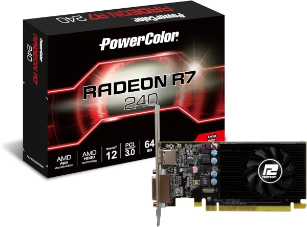 Видеокарта PowerColor AMD Radeon R7 240 PowerColor 2Gb (AXR7 240 2GBD5-HLEV2) PCI-E 3.0, ядро - 600 МГц, Boost - 780 МГц, память - 2 Гб GDDR5 4600 МГц, 64 бит, DVI, HDMI, Retail