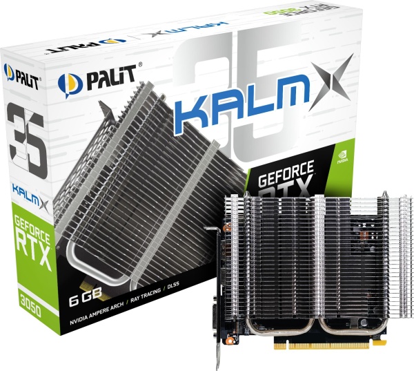 Видеокарта Palit NVIDIA GeForce RTX 3050 Palit KalmX 6Gb (NE63050018JE-1070H) PCI-E 4.0, ядро - 1042 МГц, Boost - 1470 МГц, память - 6 Гб GDDR6 14000 МГц, 96 бит, DVI, HDMI, DisplayPort, Retail