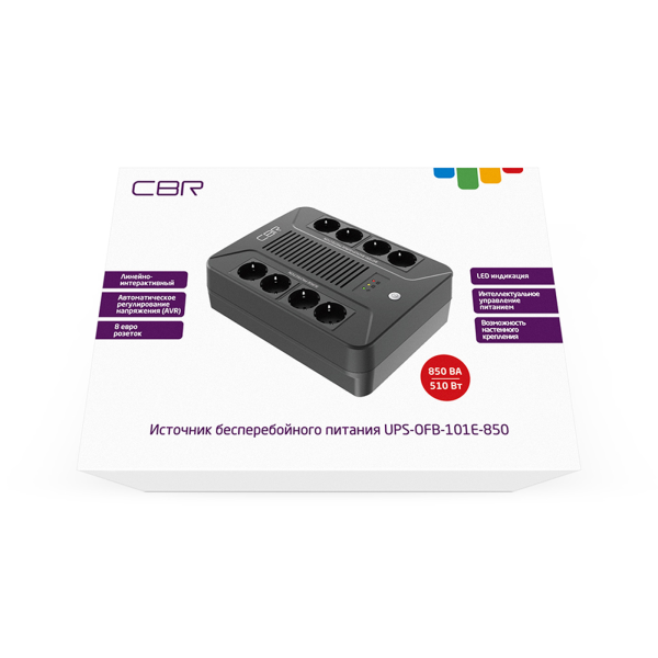 ИБП CBR [UPS-OFB-101E-650] 650VA/390W, Schuko CEE 7 Outlets: (x4 Battery & Surge Protected; x4 Surge Protected), LED, AVR, SEC, 12V/7Ah