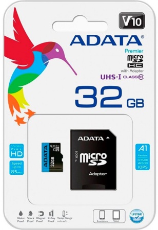 microSDHC 32GB Premier Memory Card AUSDH32GUICL10A1-RA1 UHS-I Class 10/V10 A1, 100/20 MB/s, Adapter, -25°C + 85°C, RTL (461926)