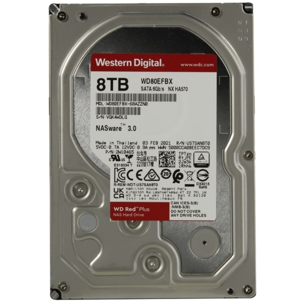 Жесткий диск WD 8ТБ, WD80EFBX, Red Plus™  SATA-III, 7200RPM, 256MB, NAS Edition OEM
