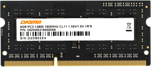 Оперативная память Digma 4ГБ DDR3 SODIMM 1600 МГц DGMAS31600004S