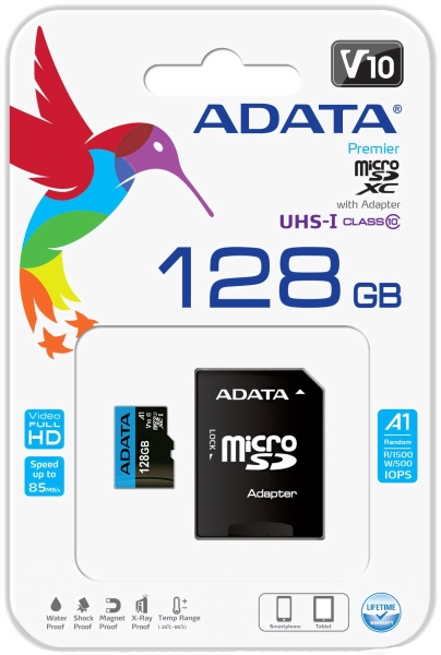 microSDXC 128GB Premier Memory Card AUSDX128GUICL10A1-RA1 UHS-I Class 10/V10 A1, 100/25 MB/s, Adapter,  -25°C + 85°C, RTL (461940)