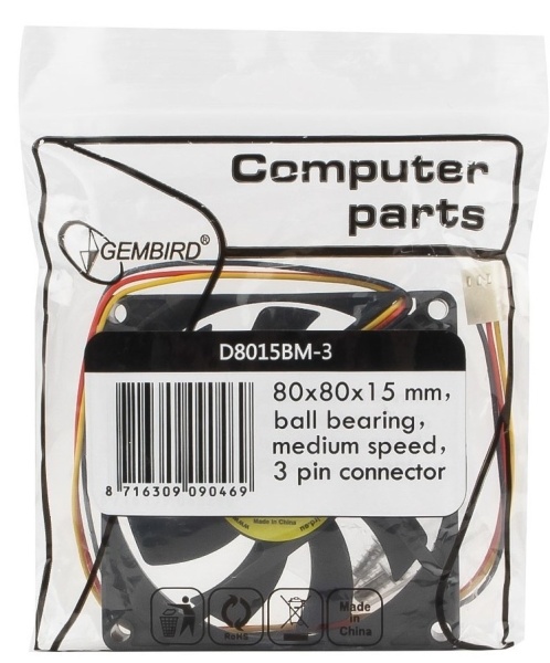 Вентилятор D8015ВM-3, 80x80x15 подшипник, 3 pin, провод 30 см , OEM {100}