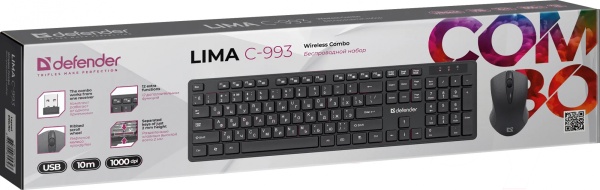 Комплект Defender Lima C-993 Black беспроводная клавиатура + мышь (радиоканал), 1000 dpi, цифровой блок, USB, цвет: чёрный